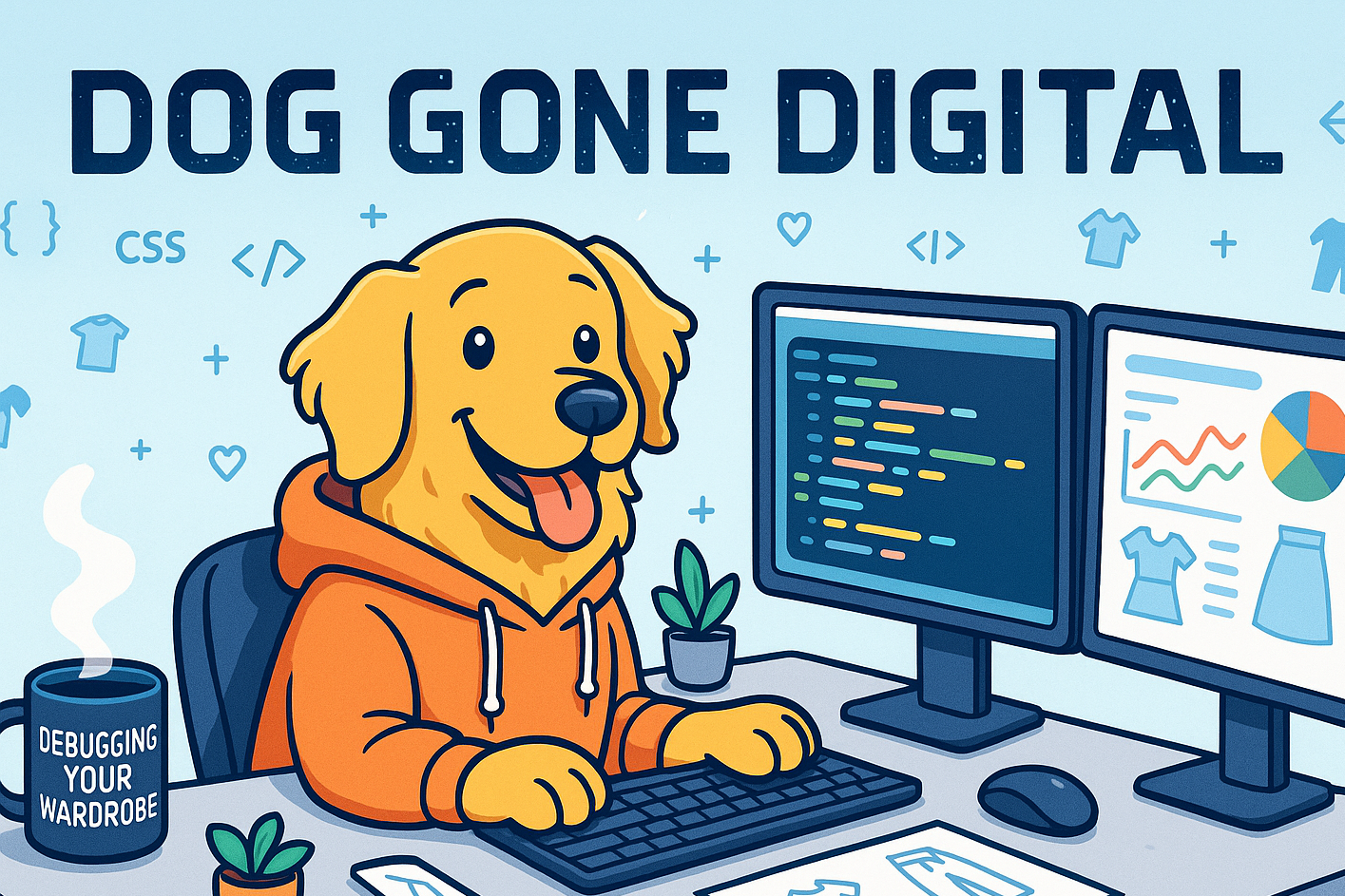 Keep everything the same — same happy cartoon dog in a hoodie at a computer with fun, techy style — but add the company name "Dog Gone Digital" in a bold, fun tech-style font. Place the name at the top of the banner or on one of the monitors. Make sure the tagline “Debugging Your Wardrobe” still appears on the coffee mug. Keep the soft light blue background and banner dimensions.
